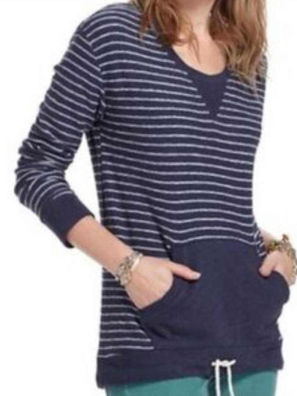 Anthropologie Saturday Sunday Navy Striped Terry Sweatshirt M Kangaroo Pocket